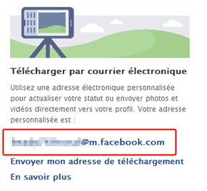 Emplacement de l'adresse e-mail dans le cadre "Télécharger par courrier électronique" sur Facebook