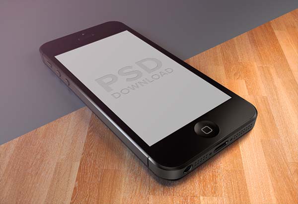 PSD de Présentation de l'iPhone5 sur texture bois ou lisse