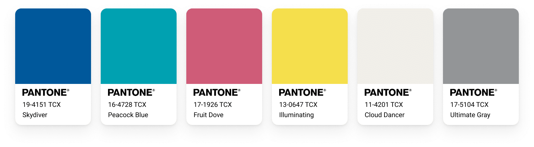 La palette Aviary composée d'un bleu roi, un vert d'eau, un rouge rosé, 2 gris et notre jaune pantone 2021