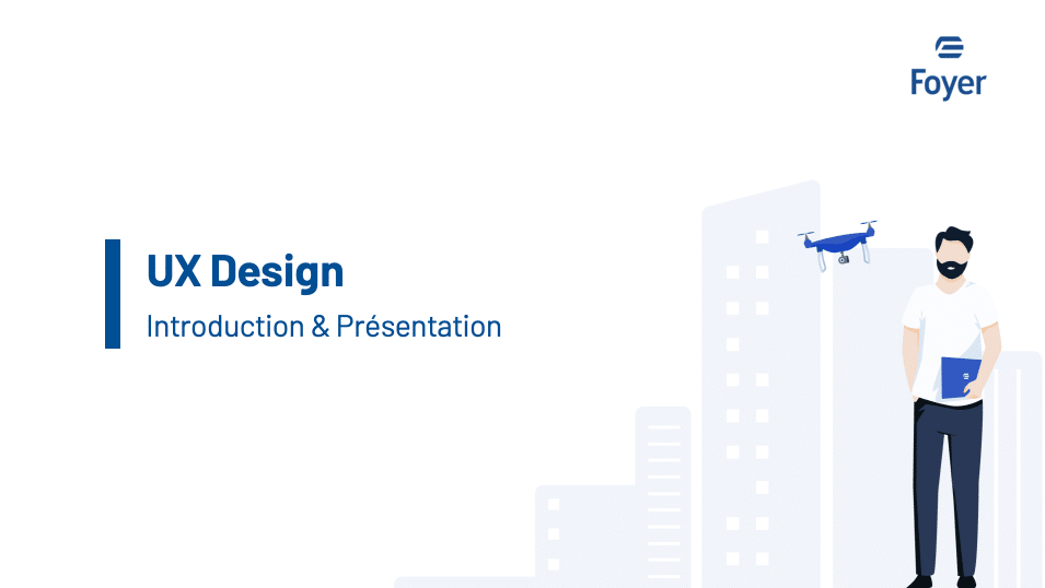 La première d'une présentation avec le titre de la formation et une illustration colorée d'un homme tenant un ordinateur dans la main.