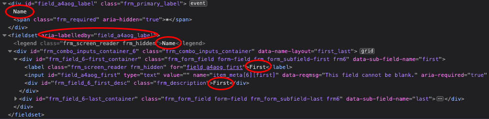 On voit afficher dans le code source 2 fois le Name et 2 fois le First, mais avec un élément HTML legend qui semble caché.