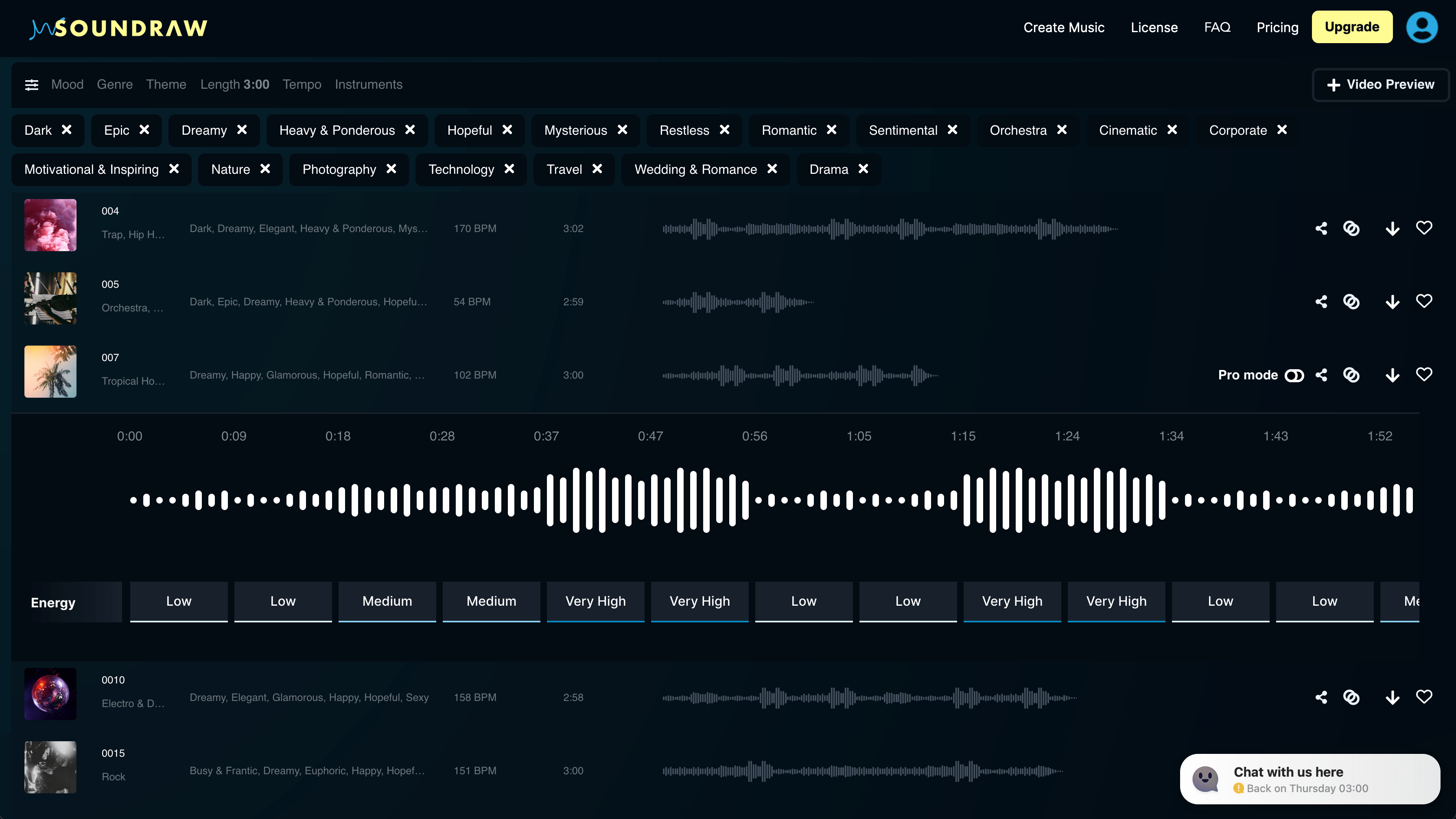 Soundraw AI generating several music sample based on a style your pick