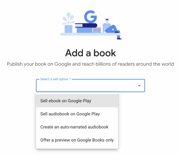 Les options d'ajout de livre numérique dans l'espace Google avec dans la liste : ebook, audiobook, auto-narrates audiobook, ou preview de livre.