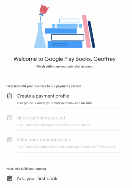 Un guide étape par étape sur le dashboard vous permettant de Créer un profil de paiement, lier votre compte bancaire, entrer vos informations de taxe, puis enfin, publier votre livre.