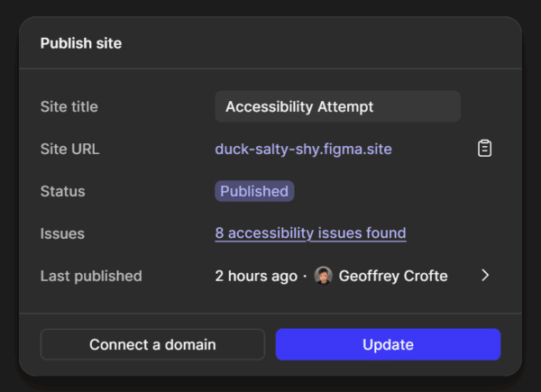 Le panneau de publication de Figma, avec une ligne Issues, démontrant un affichage de 8 erreurs d'accessibilité trouvées dans le document à publier.