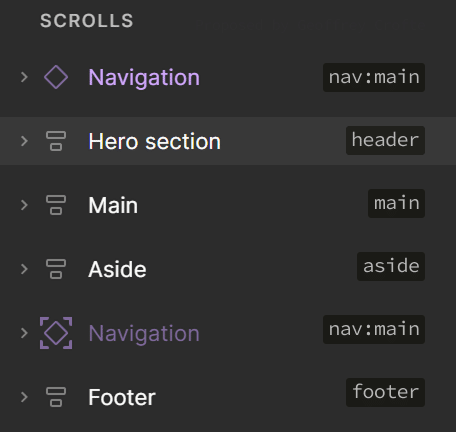 Une liste de calques sur Figma, le nom et type de calque se trouve à gauche. Un petit encadré avec le type sémantique se trouve à droite de chaque ligne.