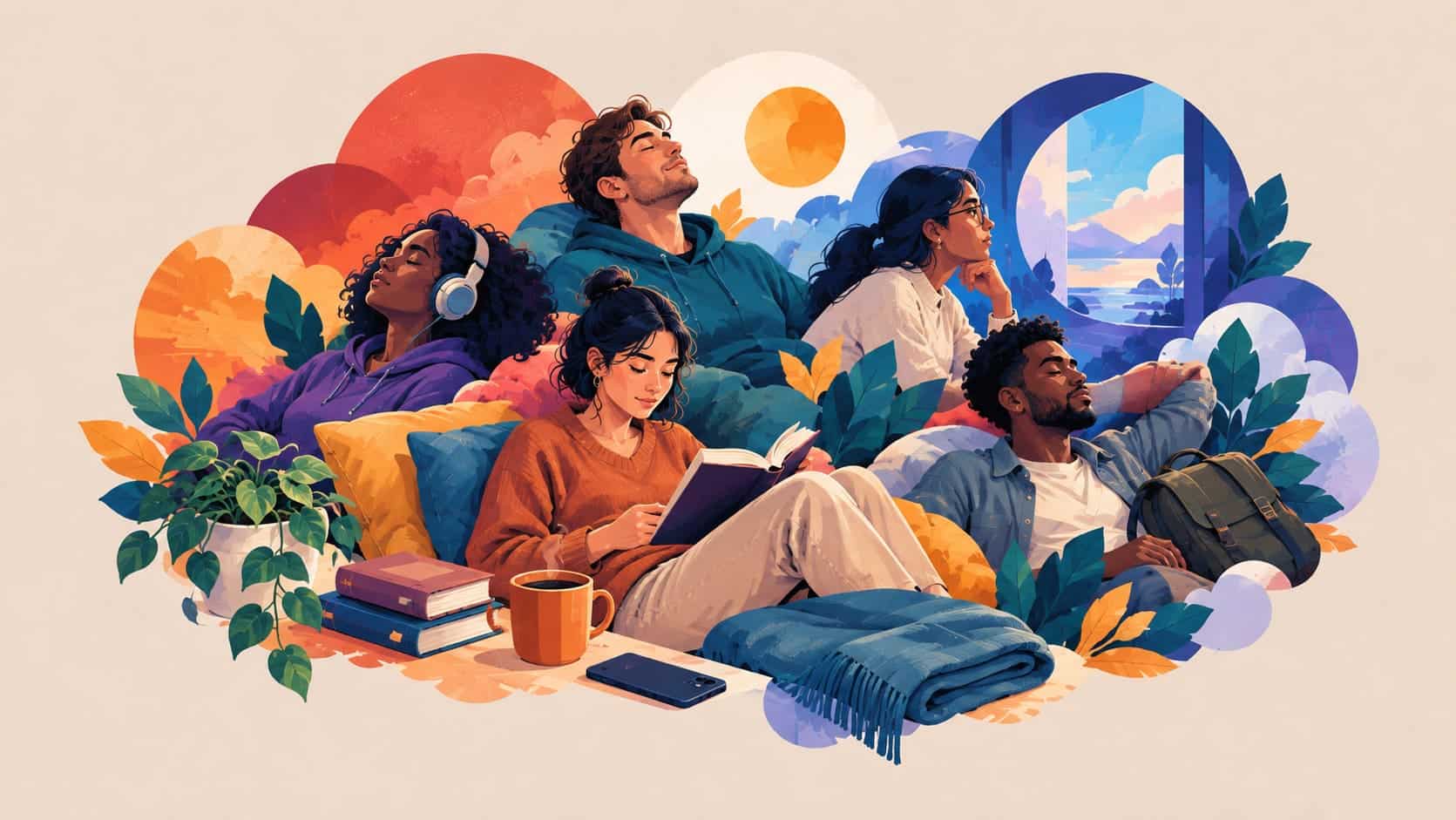 Des êtres humans se reposant et pratiquant se qu'ils aiments le plus. (écoute de musique, lecture, voyage)