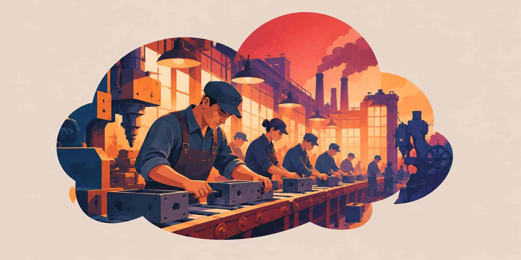 Des travailleurs à l'usine synchronisés sur la même tâche.